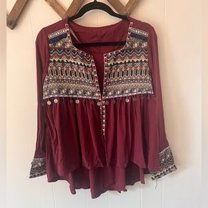 SHEIN Tribal Embroidered Dip Hem Smock Top burgundy NWOT